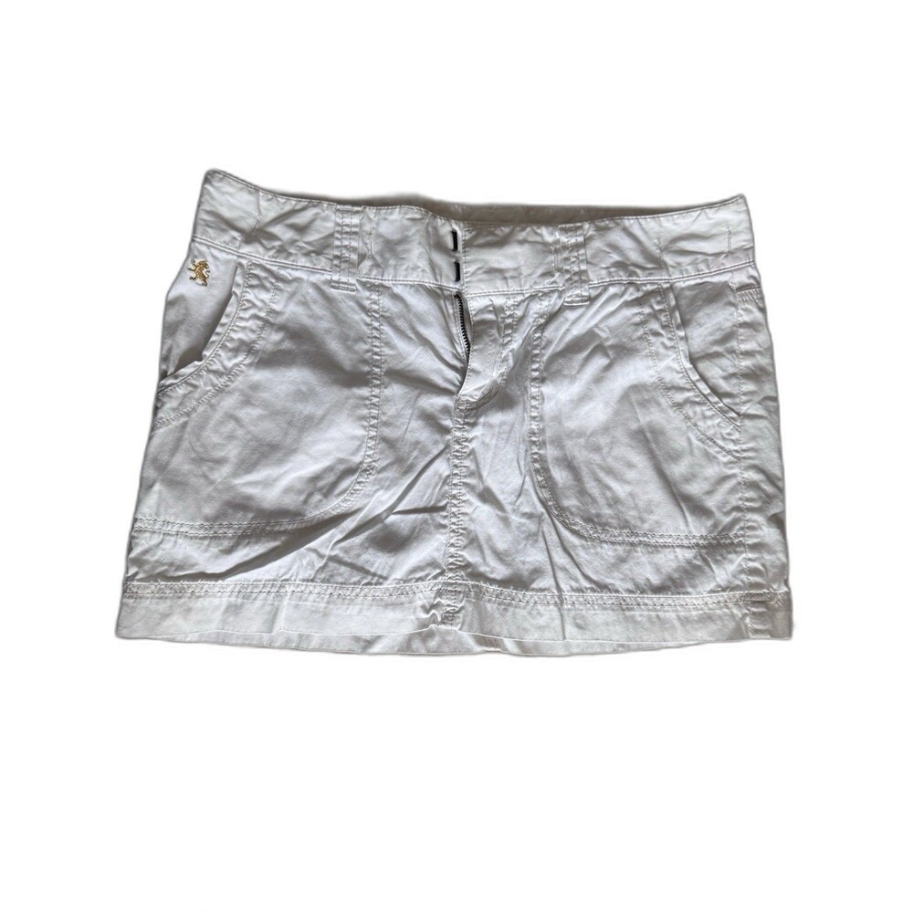 Women’s White Mini Skirt Gold Lion Logo Utility Pockets Zip Front Casual Size 6